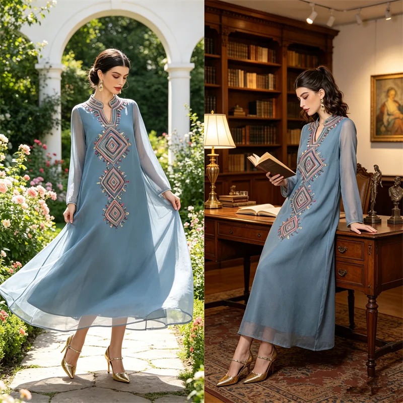 

2026 Ramadan Embroidery Muslim Dress Women Dubai Abaya Eid Mubarak Djellaba Islam Clothing Arabic Robe Turkey Kaftan Jalabiya