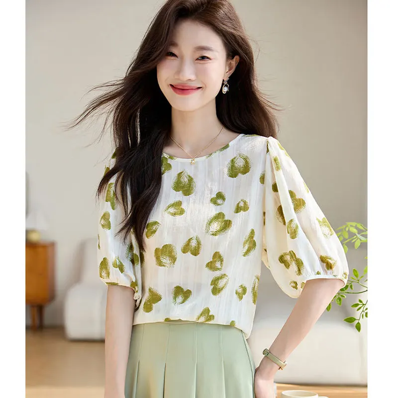 Women's Summer Fashion Elegant Simplicity Printing O-neck Short Sleeve Chiffon Shirt Women Clothes Temperament Casual Loose Tops