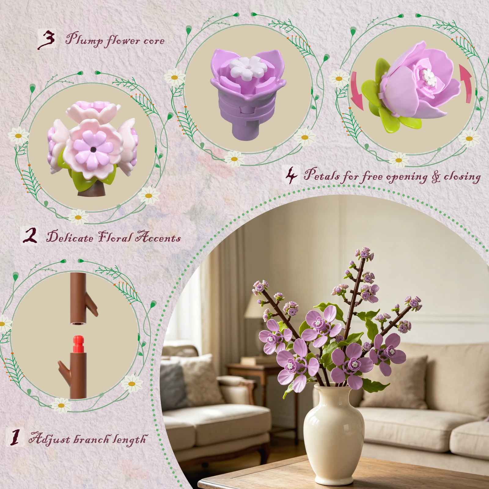 Cherry Blossoms Building Block Bouquet,  Flowers Featuring Gradient Petal Details, Ideal for Tabletop Display and DIY Home Decor - view 4