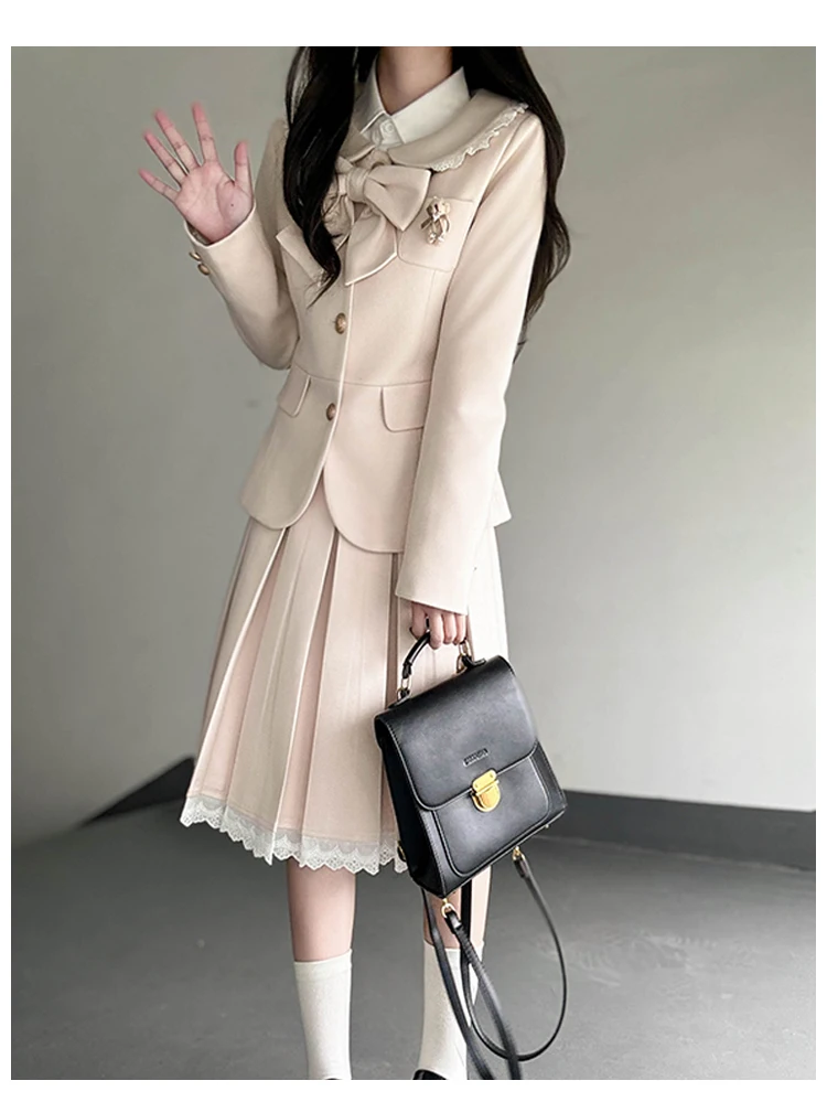 2025 Autumn Winter New Hot Sale Off-White Bow Woolen Lapel Blazer High-Waisted Lace Skirt College Style JK Uniform Set