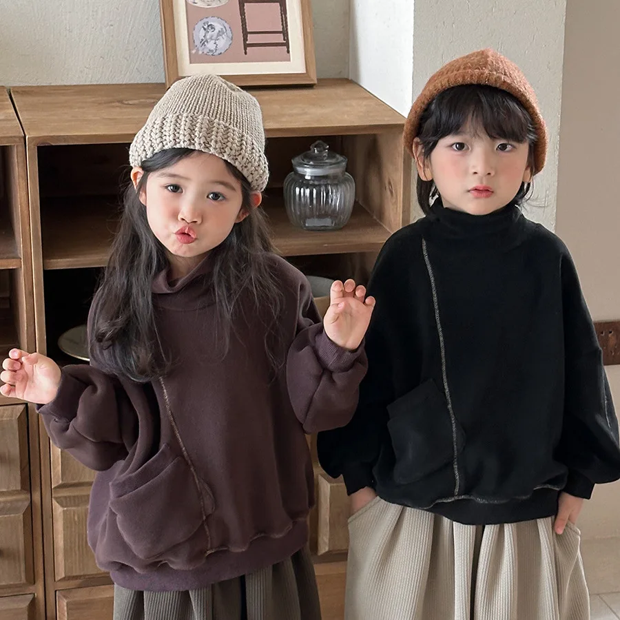 

Winter Kids Double-sided Fleece Sweatshirts High Neck Top Boys Girls Thickened Long Sleeve Hoodie Child 1-8 Years Warm Pullover