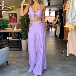 Wefads Zwei Stück Set Frauen Sommer Fashion Solid Sexy Hosenträger Asymmetrische Spitze Up Kurze Top Breite Beine Hose Sets Streetwear