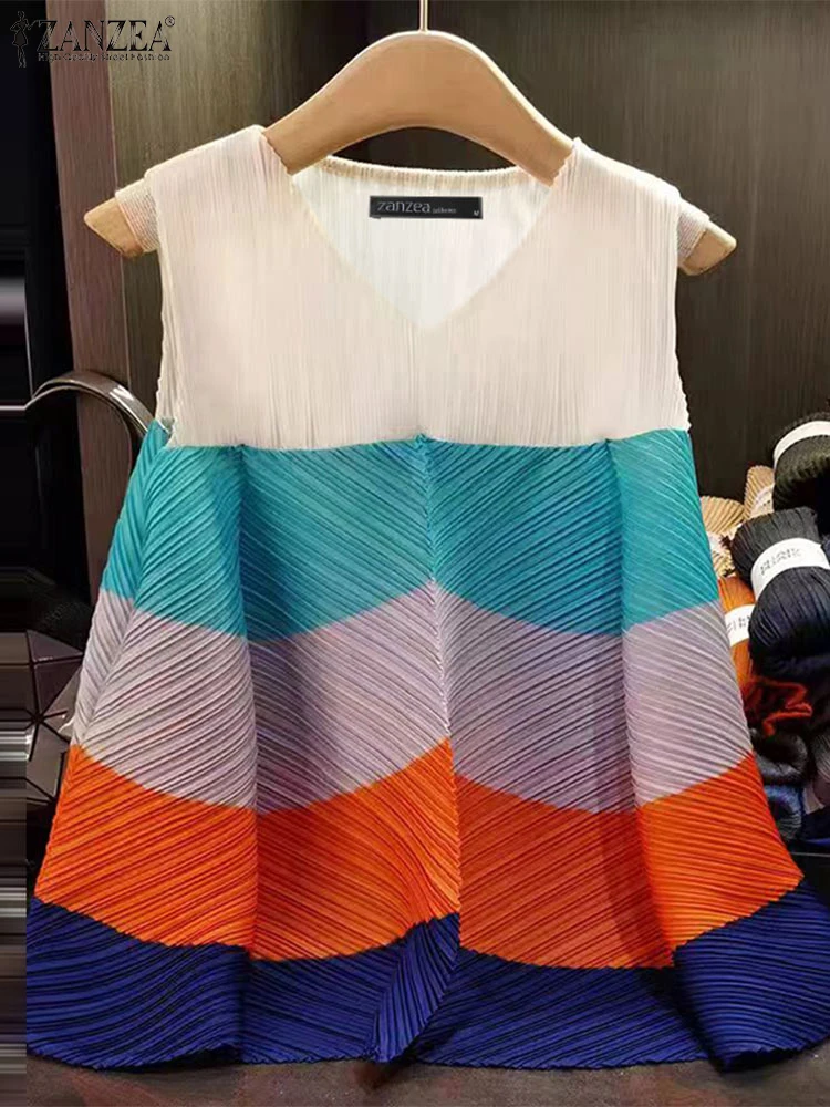 Tops sin mangas para mujer, camisetas informales holgadas ZANZEA 2024, camisetas sin mangas con bloques de colores, camisola de cuello redondo a la moda coreana, camisetas empalmadas a rayas para verano