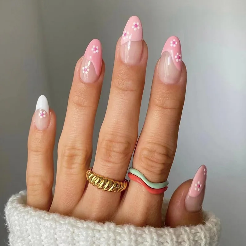 Pink White French Cute Little Flowers Wearable Long Stiletto Fake Nails Full Cover Finished False Nails Press on Nails with Glue