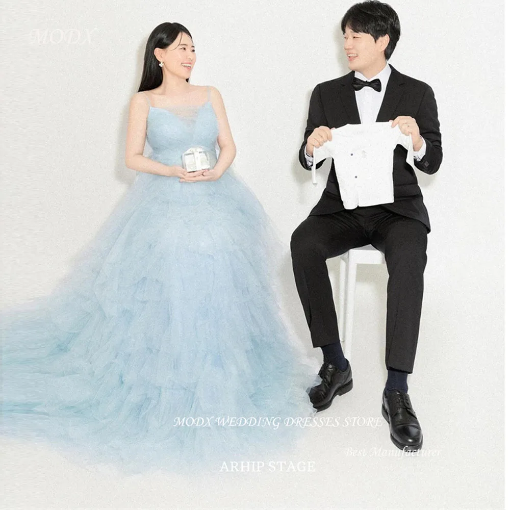 

MODX Elegant Light Blue Tulle Wedding Dresses Pregnant Korea Photoshoot Spaghetti Straps Tiered Bridal Gowns Evening Party Dress