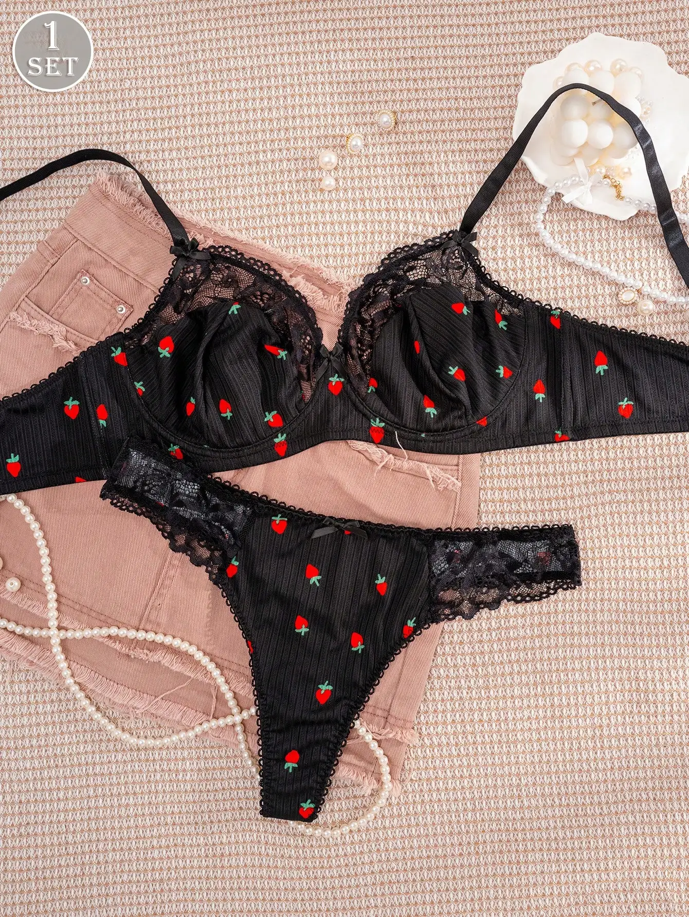 

Black Strawberry Print Lace Trim Bra & Panty Set with Bow Detail