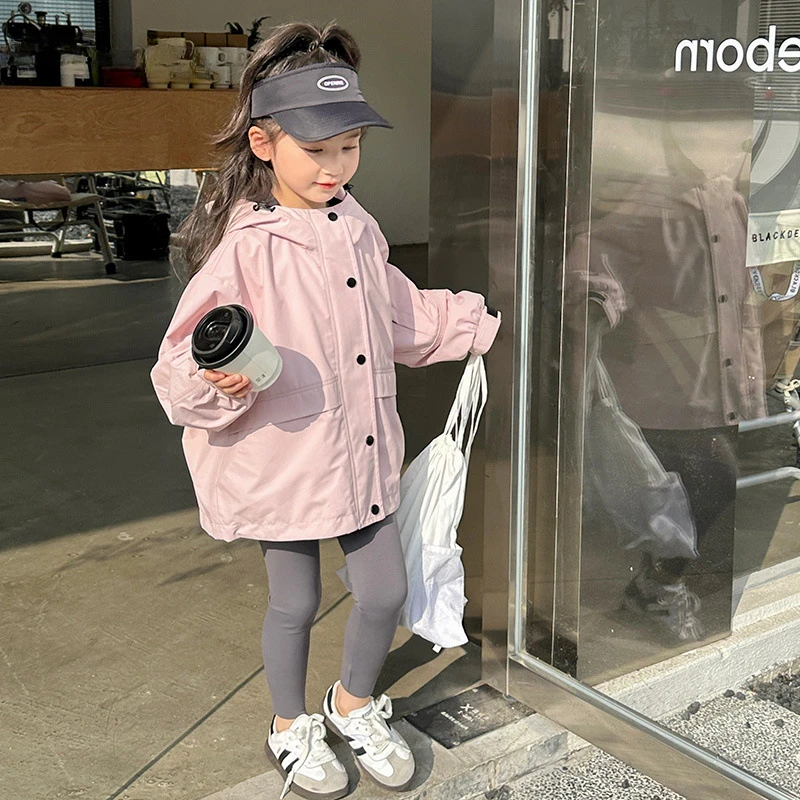 

Girls Coat 2024 Korean Spring And Autumn New Foreign Style Fashion Outdoor Jacket Waterproof Solid Color Children Clothes