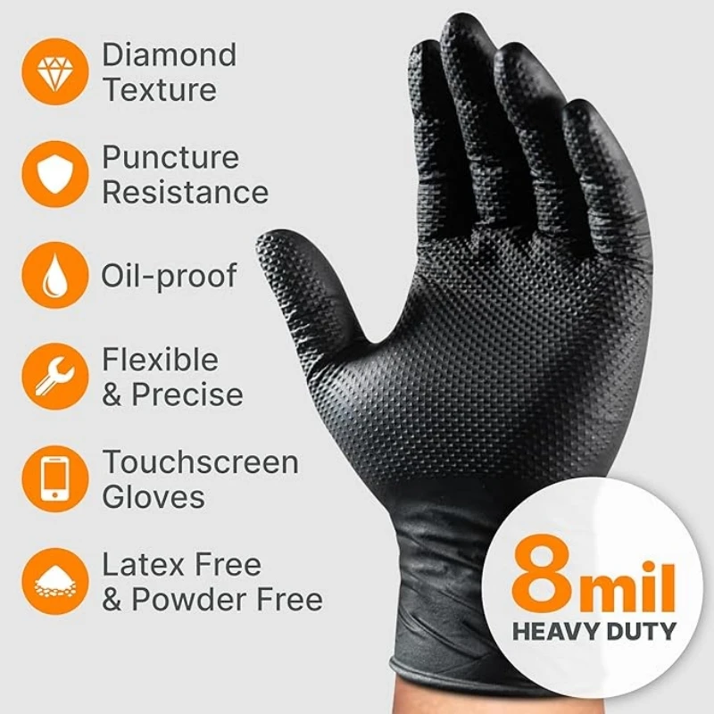 8Mil Heavy Duty Black Nitrile Gloves Disposable Gloves with Diamond Textured Grip Safety Work Gloves for Mechanic Industrial