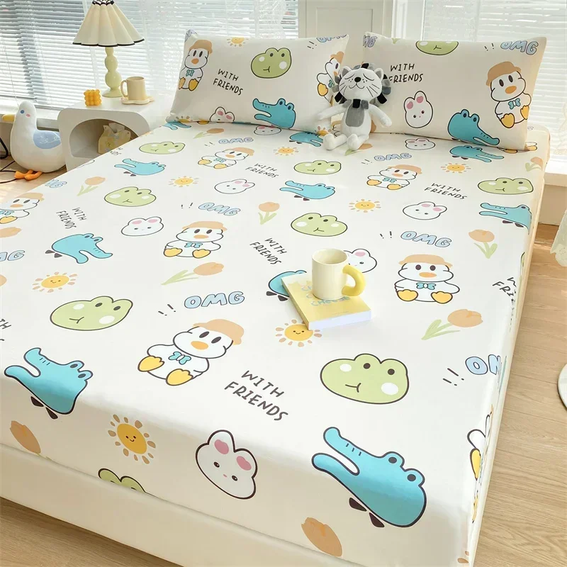 Cute Cartoon Duck Fitted Sheet Set for Boys Girls Children Bedroom Decor Kawaii Animals Non-slip Bed Cover with 2 Pillowcases