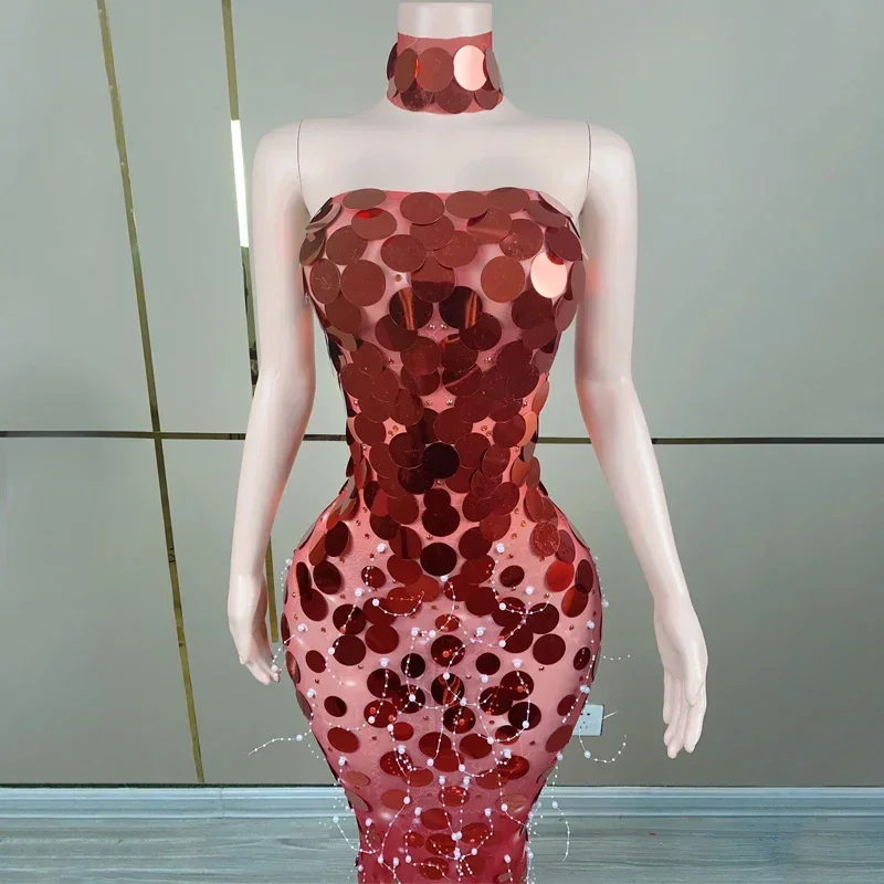 

Full Rhinestones Evening Dresses Women Red Mirrors Pearls Dress Singer Party Celebrate Stage Costume Festival Outfit