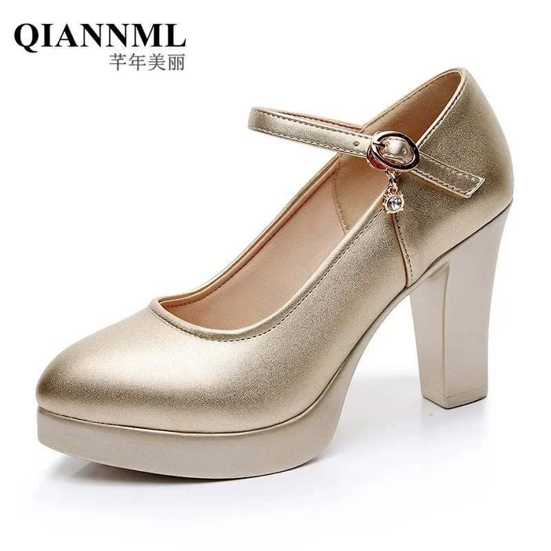8cm 10cm Small Size 32-43 Elegant Shallow Silver Wedding Shoes Platform Pumps 2025 Block High Heels Shoes Leather for Office