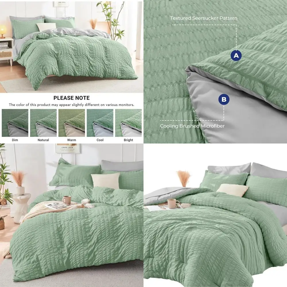 

7-Piece Sage Green & Light Grey Seersucker Comforter Set: All-Season Luxury Bedding with Sheets, Pillowcases & Shams