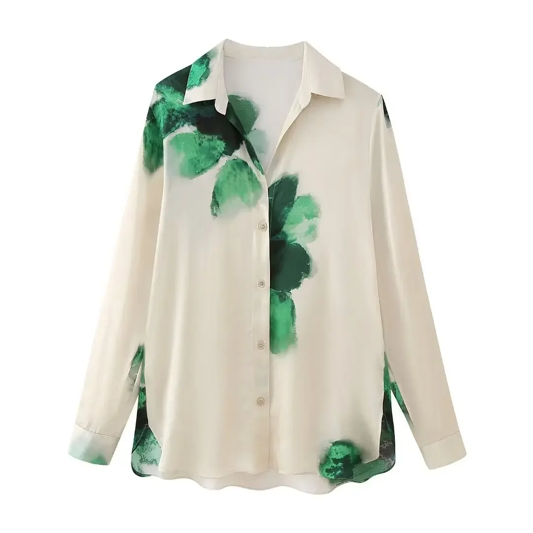 

Print Satin Blouse Female Summer Button Up Printed Shirts for Women Long Sleeve Women's Shirts Casual Beach Shirts and Blouses