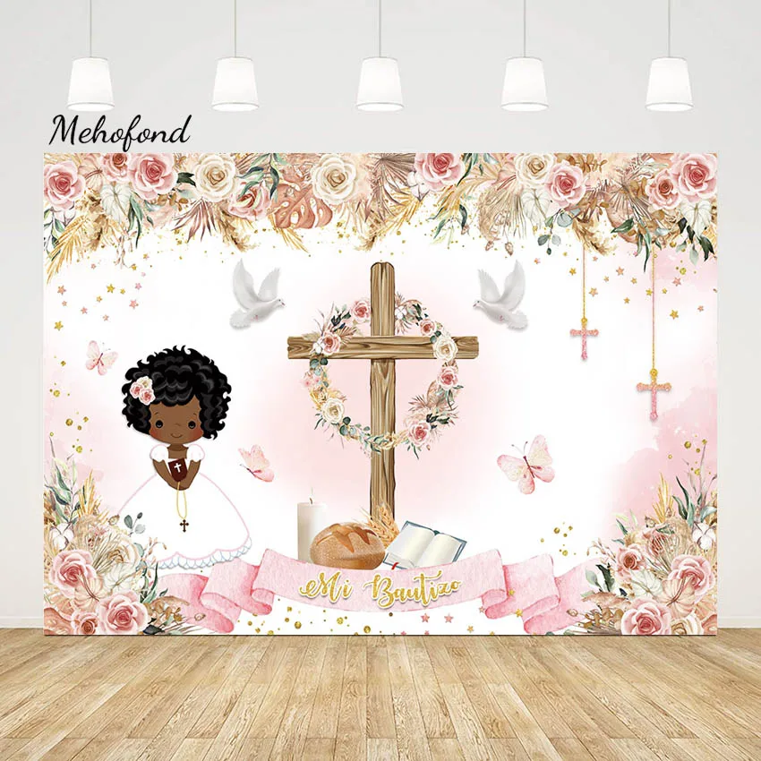 

Mehofond Girl Cross Wreath First Holy Communion Backdrop Christening Mi Bautizo Portrait Flower Photography Background Studio