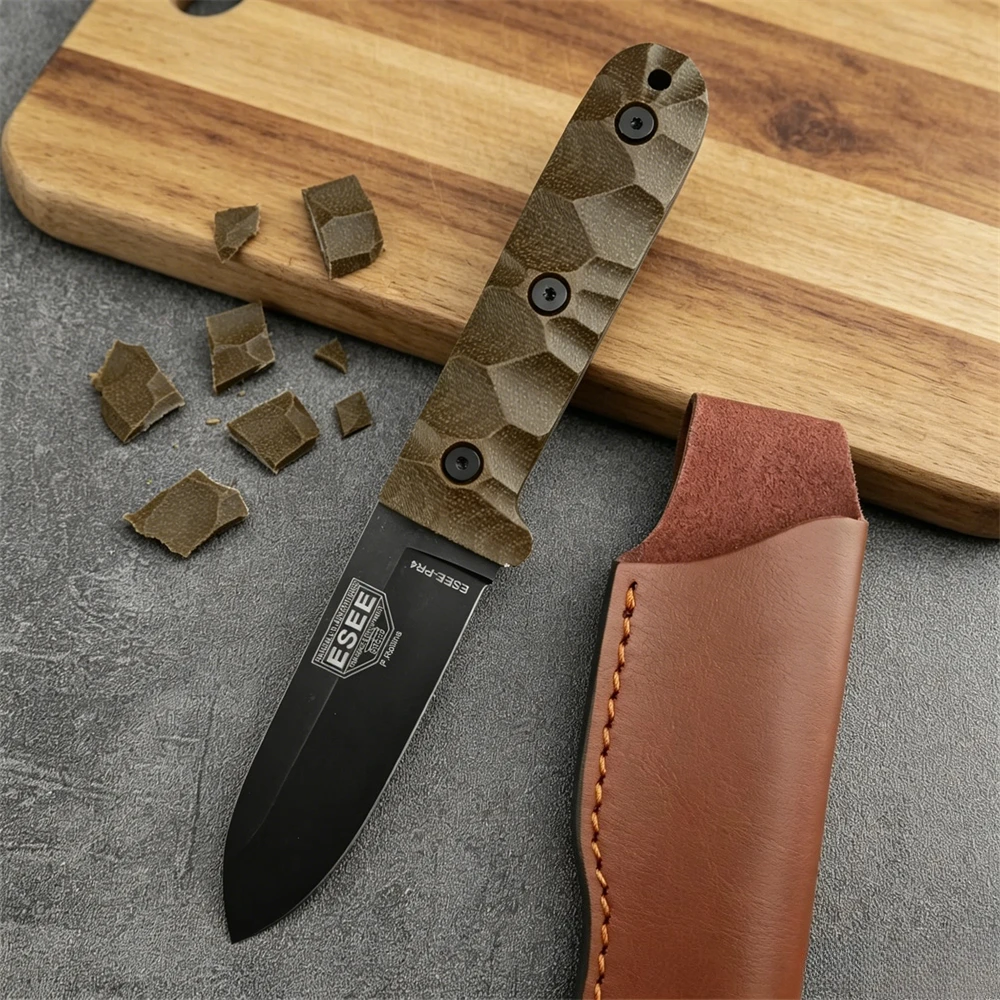 

ESEE PR4 Survival Fixed Blade Knife - D2 Steel Blade, Linen Micarta Handle, Cowhide Sheath Camping Hunting Hiking Knives