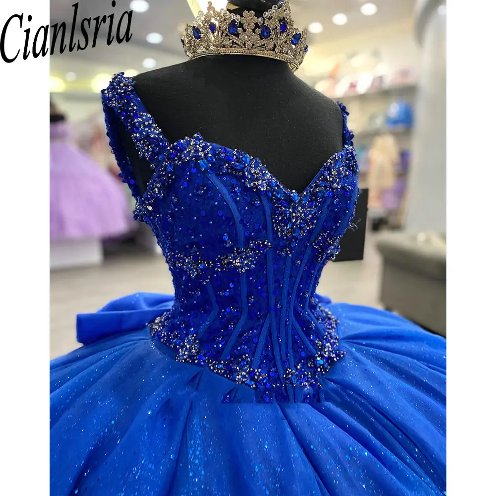 Vestido De quinceañera azul real con lentejuelas brillantes, vestido De baile con cuentas De cristal, correa De espagueti, corsé con lazo, 15 Años