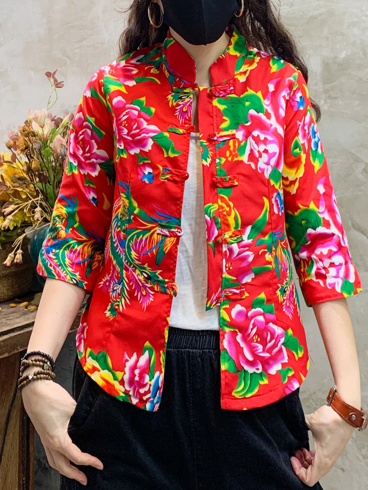 

Женская куртка в этническом стиле с крупным цветочным принтом из Северо-Восточного Китая, на пуговицах, в китайском стиле, для выступлений