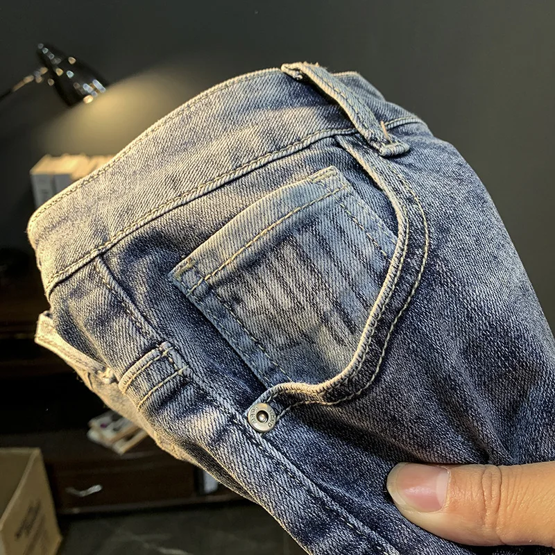 2024Summer new denim shorts men's fashion brand blue shortsinskorean style printed stretch Bermuda shorts