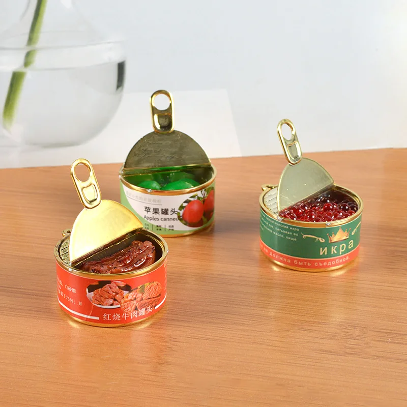 Simulated Canned Keychain Creative Caviar Beef Canned Prop Model Doll House Miniature Food Play Car Bag Pendant Ornaments Gift