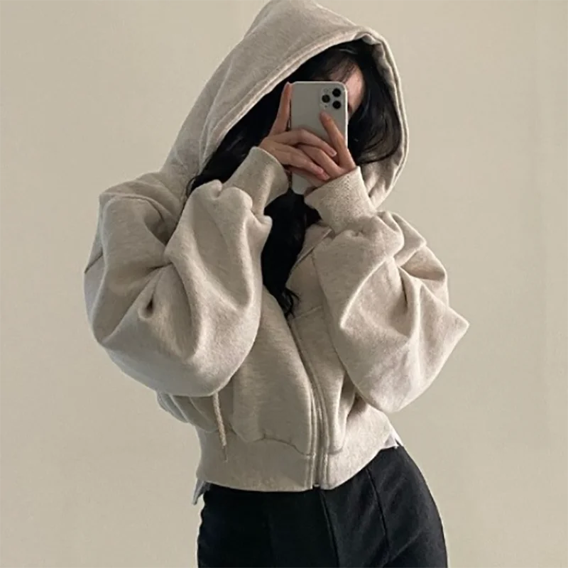 

New Autumn Casual Solid Hoodies Coats Fashion Long Sleeve Pocket Short Jacket Winter Women Chic Drawstring Commute Loose Outwear