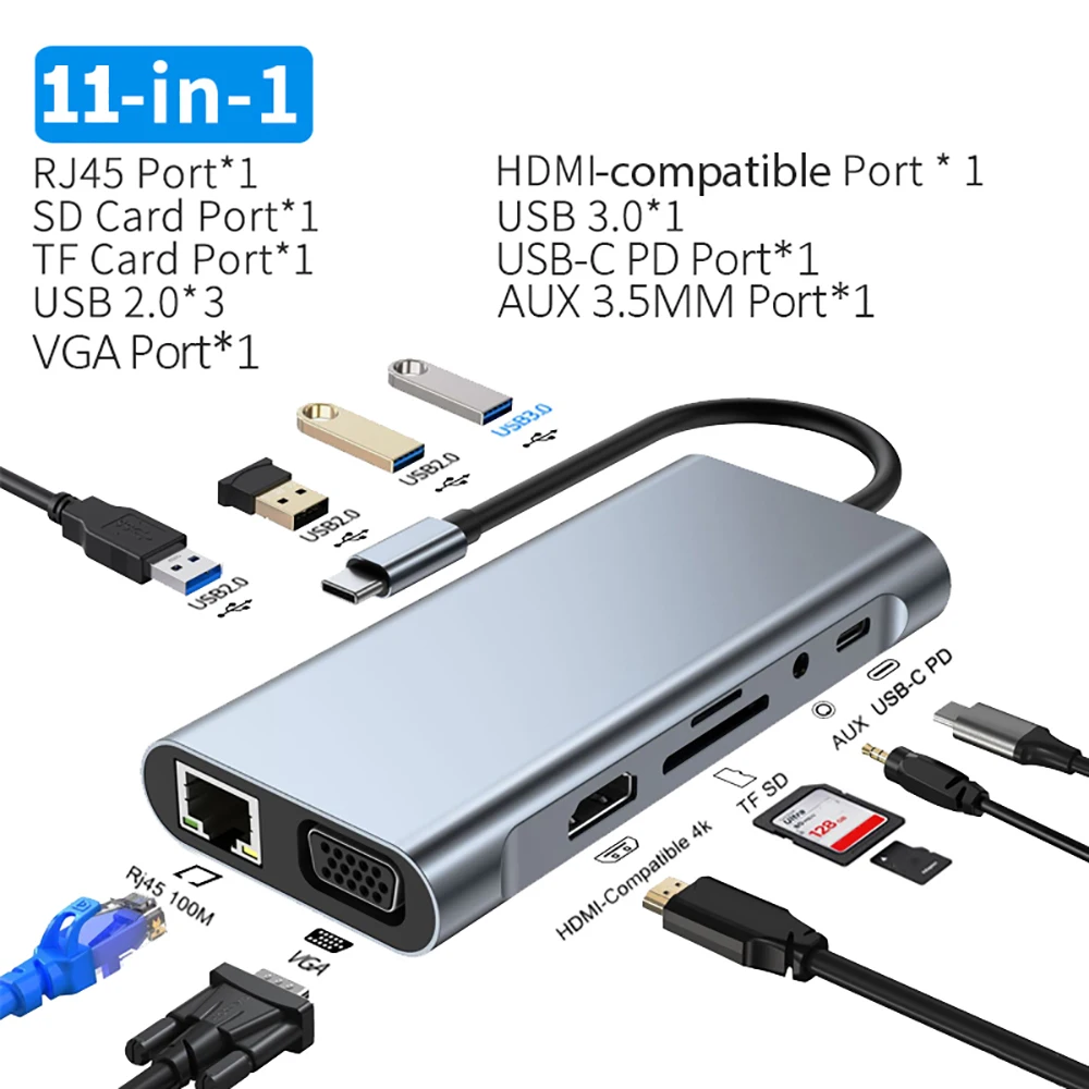 KEBIDUMEI 11-Port USB-C HUB Dockingstation RJ45-Adapter zu HDMI-kompatibel 4K VGA SD/TF-Karte 3,5MM AUX für PC Laptop Splitter