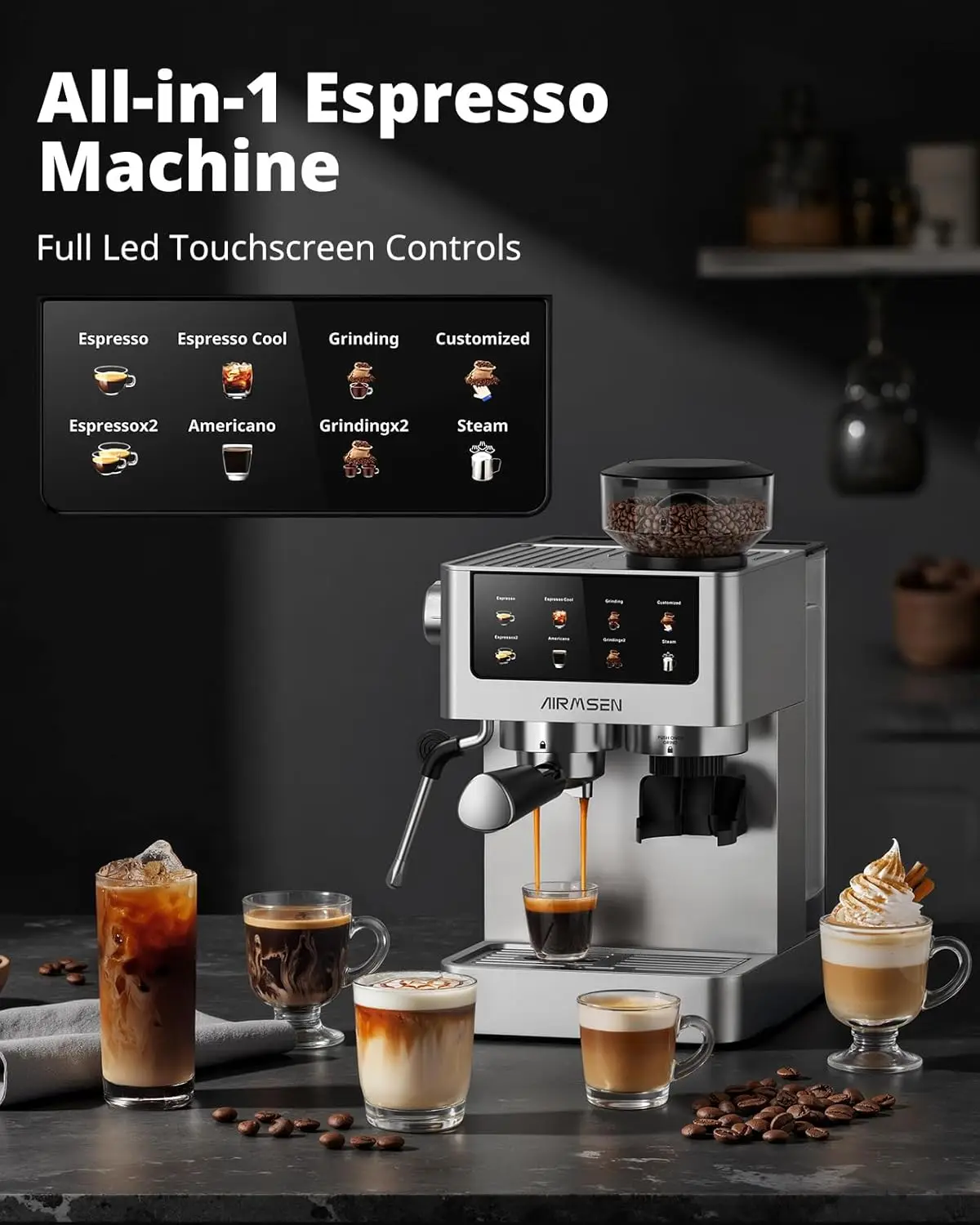 Home Espresso Machine with Built-in Burr Grinder, 20 Bar Pressure, Milk Frothing Steam Wand, Stainless Steel - Makes Cappuccino,