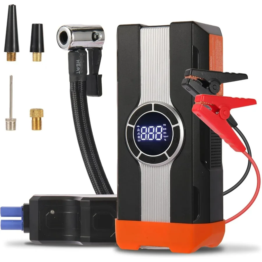 Portable 12V Jump Starter with Air Compressor 1000A 150PSI Black Car Battery Jumper Box with Tire Inflator and LED Lights for E