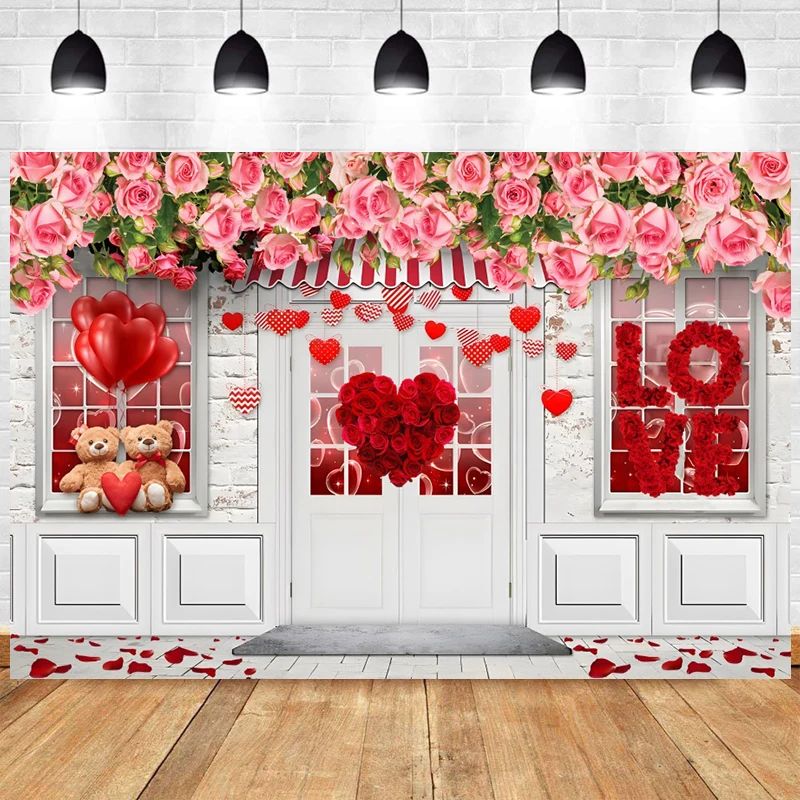 Valentines Day Shop Backdrop Flowers Store Photo Backgrounds for Photography Day of Love and Friendship Party Decorations Banner