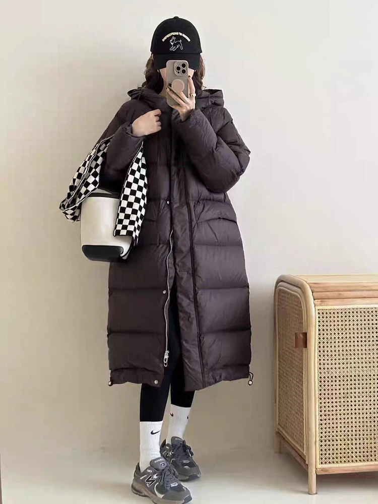 الشتاء الرباط طويل مقنعين أسفل سترة الإناث سميكة الدافئة مقاوم للماء أبلى المرأة الأبيض بطة أسفل باركر طول الركبة السترات