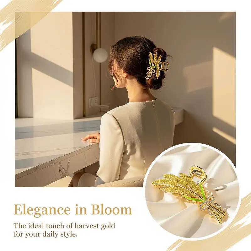 New Alloy Wheat Design Hair Claw Clip With Shiny Rhinestones Strong Hold Grip For Daily Wear Parties Weddings Formal Occasions