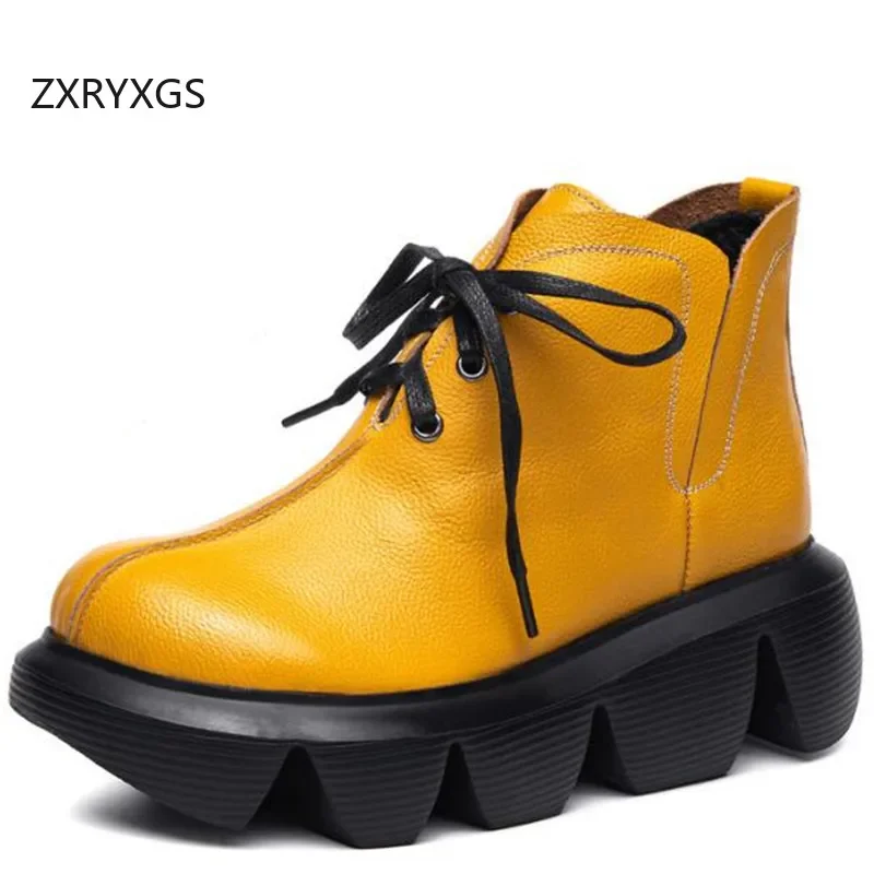 ZXRYXGS Top Layer Cowhide Lace-up Single Boots Platform Light Non-slip Elevator Shoes Woman Boots 2024 New Winter Leather Boots