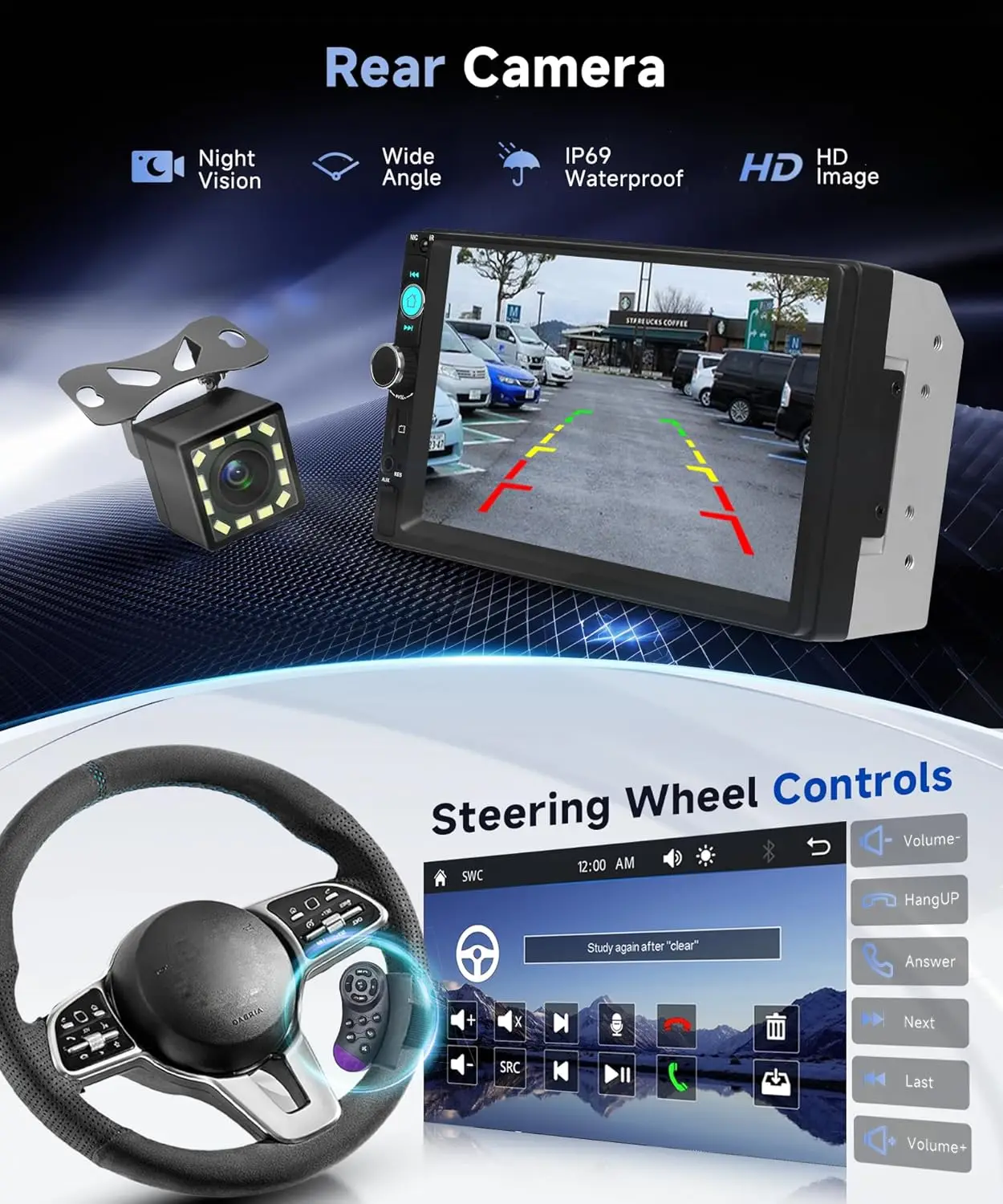 7' Car Radio with Bluetooth, Mirror Link, Backup Camera, FM, USB, AUX, Steering Control