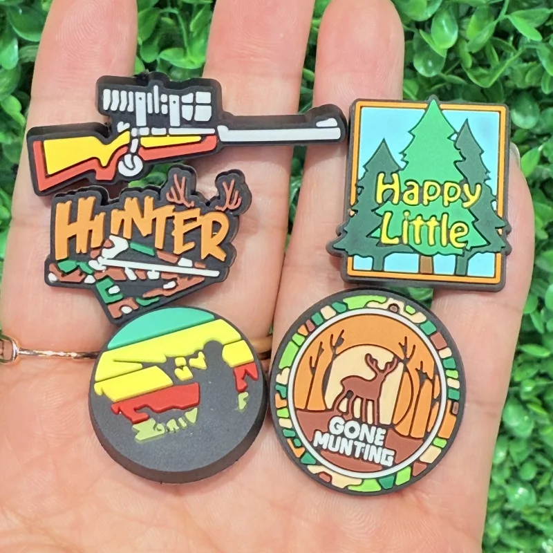 1-10Pcs Deer Gone Munting PVC Shoe Charms Gun Hunter Garden Clog Buckle Decorations For Kids Holiday Present