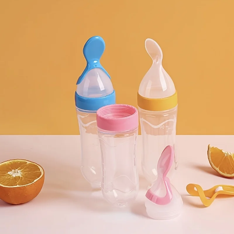 90ml/3oz Silicone Feeding Bottle With Spoon & Stand - Multifunctional Tableware For Food Dispensing & Feeding(1pcs）