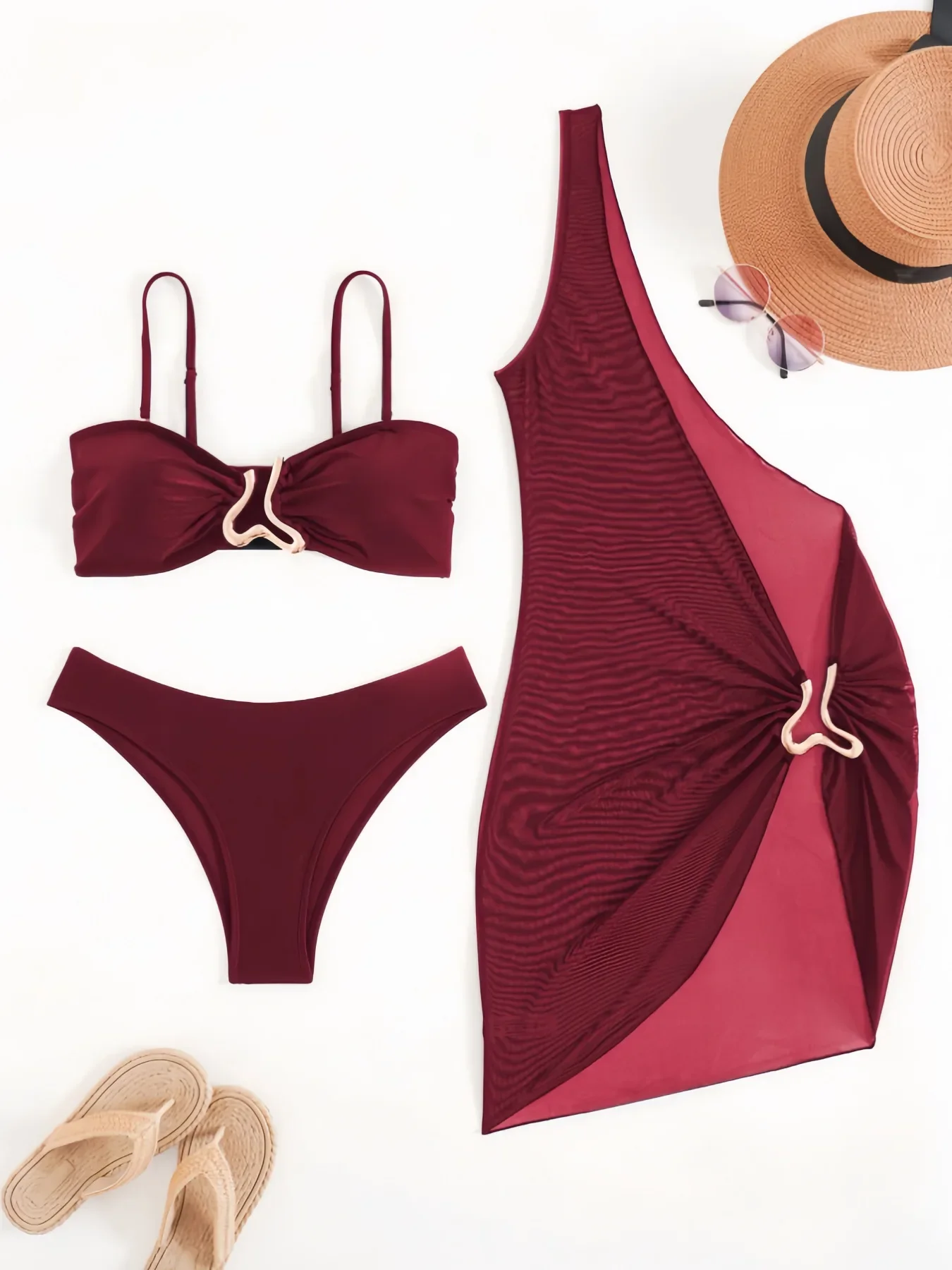 여성용 섹시한 솔리드 스트랩리스 비키니 3피스 세트 하이웨이스트 수영복 메탈 스플릿 및 비치 스커트 여름 2025