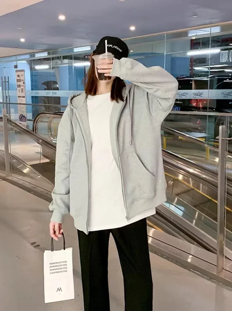 

Women Zip Up Sweatshirt Casual Oversized Hooded Korean Style Hoodies Y2K Harajuku Solid Loose Lady Jacket Baggy Retro Coats