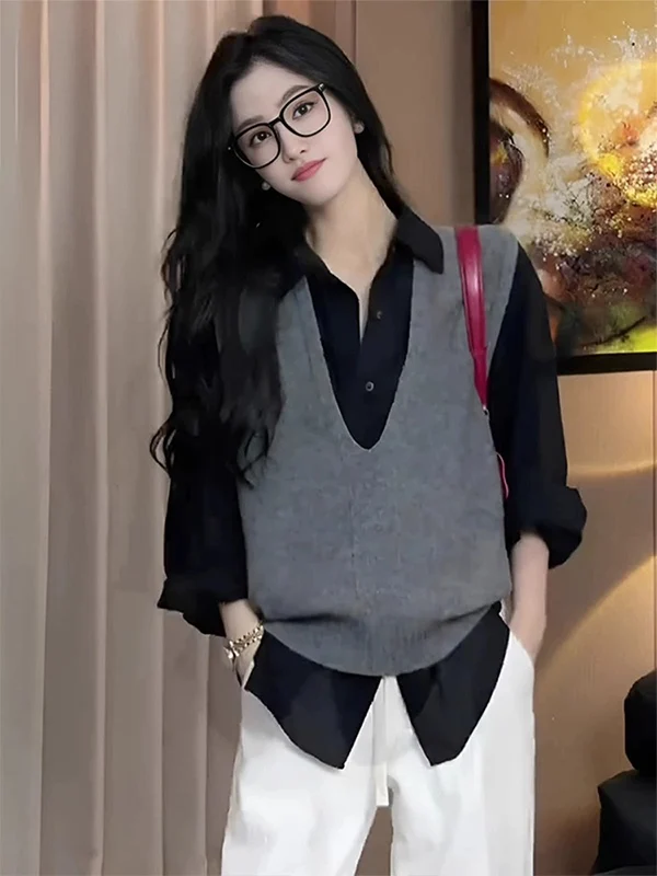 

Модный вязаный свитер с V-образным вырезом для женщин, осенне-зимняя новинка, многослойный, премиум-класса, стройнящий, из полиэстеровой ткани