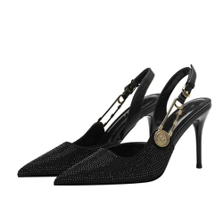New Spring and Summer Women's High Heels with Closed Toe and Golden Round Buckle High Heel Sandals with Rhinestones and Pointed