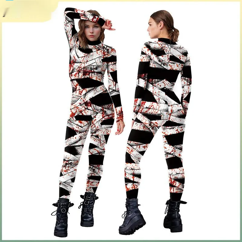 Horror Costume With Blood Stains, Straps, Digital Printing, Halloween Performance Jumpsuit