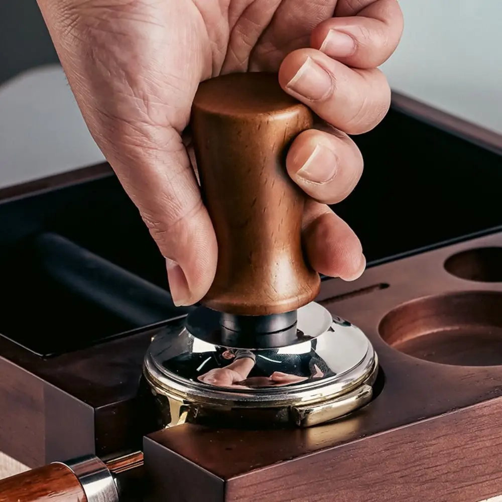 51/53/58MM Coffee Tamper Self-rebounding Springs Design Coffee Leveler Wood Handle Flat/threaded Bottom Coffee Powder Press