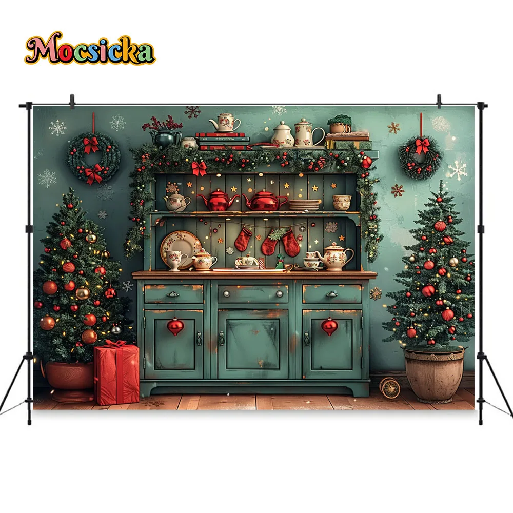 Christmas Theme Kitchen Photography Background Retro Green Tea Cabinet Xmas Tree Glitter Background Family Kids Portrait Studio