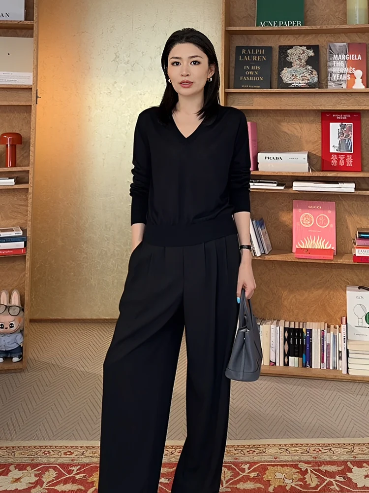

Le Samedi Cool Wool Drapey Pants Women's Black Midi Skirt No Wrinkle Casual Style Loose Fit mid Waist Zipper Fastening
