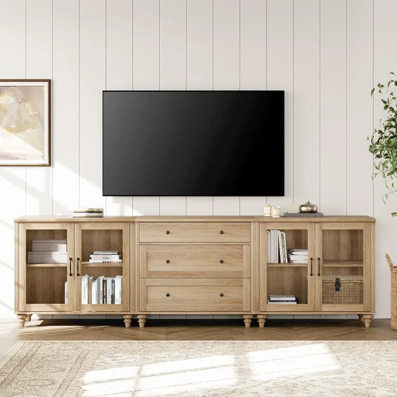 WAMPAT TV Stand for 100 Inch TV, 3-in-1 TV Console Table for 75/80/85/90 Inch TV, Entertainment Center with Glass