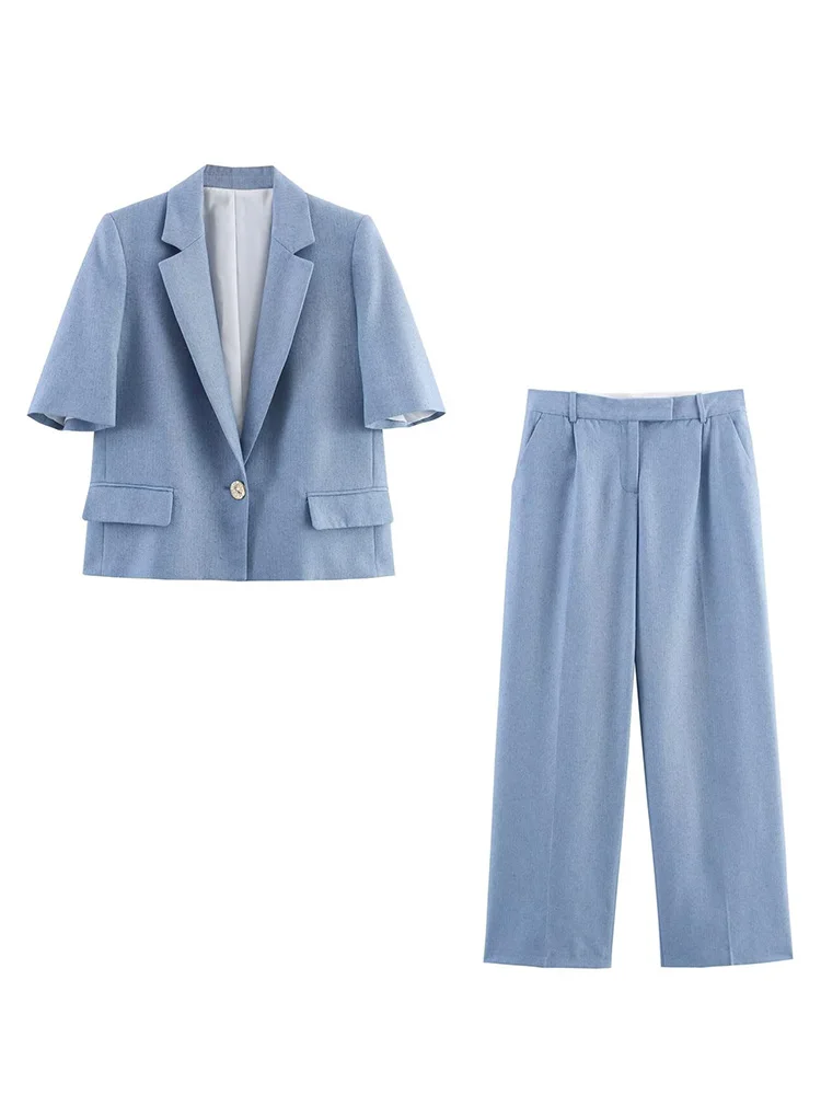 HH Women Chic Turndown Collar One Button Short Sleeve Top+Autumn Pockets Solid Zipper Pleated Straight Pants 2-Piece Set