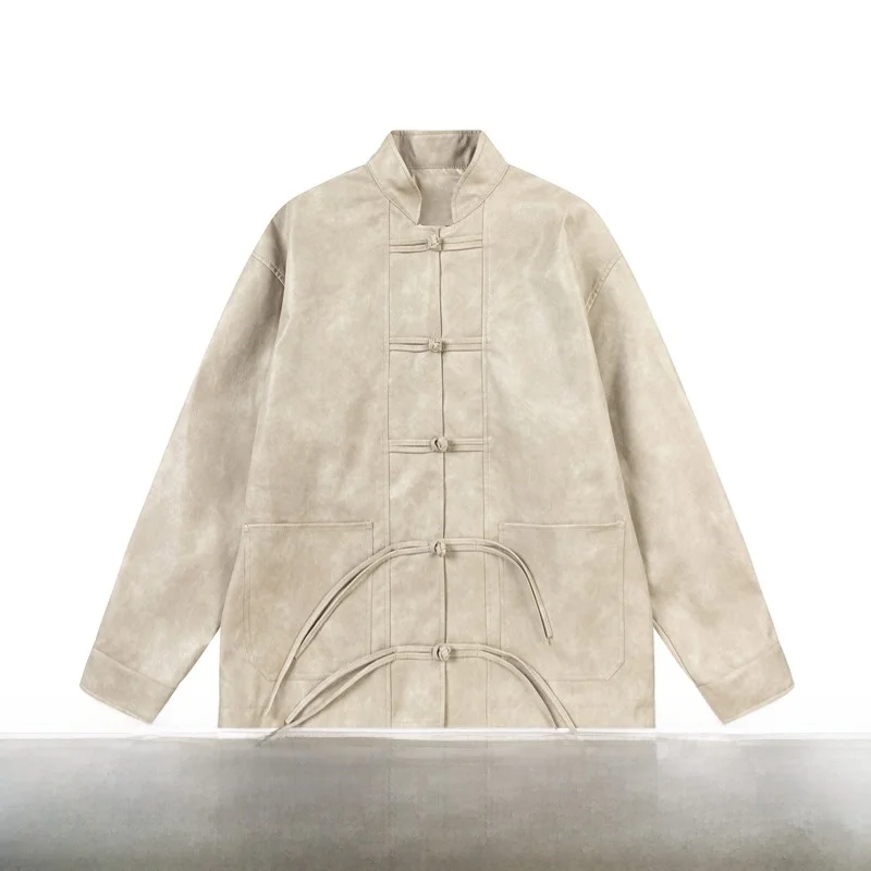 

New Chinese Design Loosely Fit Men's Leather Jaet with Button Details Versatile Retro Sle Spring Autumn Season Outerwear