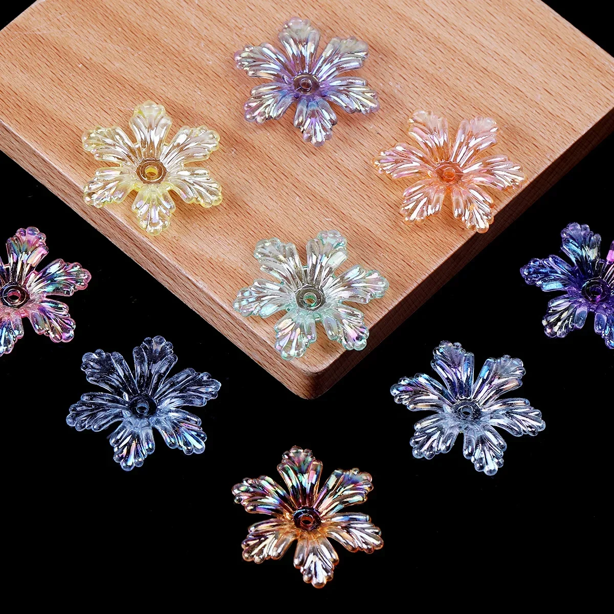 About 30/60pcs Random Color 28mm Iridescent 8-petal Snowflake Acrylic Loose Beads DIY Decor Pen Bracelet Craft Supplies
