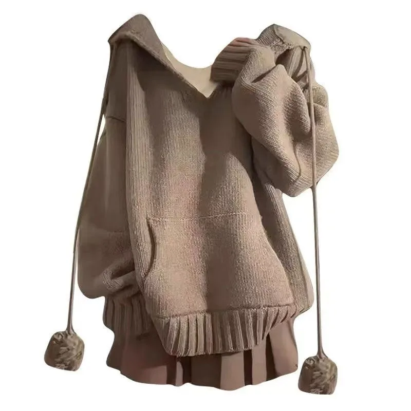 Single Piece/set Female Student Pleated Skirt Solid Color Knitted Sweater High Waist Wide Leg Pants Skirt Two-piece Setshort Set