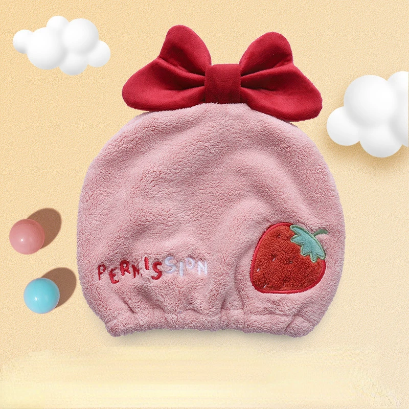 Cute Strawberry Cartoon Girl Dry Hair Cap Quick Drying Absorbent Shower Cap Coral Velvet Baby Wrapped Towel Bath Children Gift