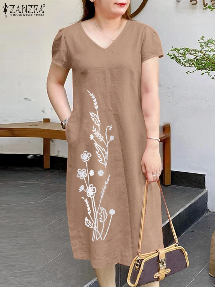 

2024 ZANZEA Summer Sundress Women Elegant V Neck Party Dress Female Stylish Short Sleeve Embroidery Holiday Beach Vestidos Robe