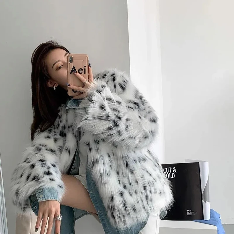 

Spotted Faux Fur Coat Women Korean Loose Thick Warm Winter Jacket Fluffy Long Sleeve Leopard Casual Street Fashion Outwear
